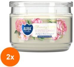 AURA Set 2 x Lumanare Parfumata cu Doua Fitile si Capac Aura, Flori Inflorite, Timp Ardere 30 Ore, Alb, 280 g (GIL-2xLCA-SNP106-449)