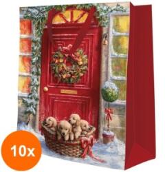Elcadis Set 10 x Pungi Cadou Mari, Basket With Puppies, Craciun, 30 x 41 x 12 cm, Perfecto (CLE-10xELC-PC-SB-CH-BP)