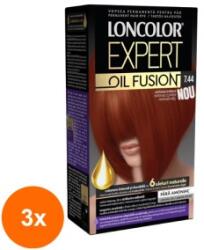 LONCOLOR Set 3 x Vopsea de Par Permanenta Loncolor Expert Oil Fusion, 7.44 Aramiu Intens, 100 ml