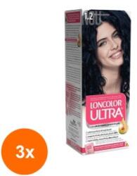 LONCOLOR Set 3 x Vopsea de Par Permanenta Loncolor Ultra 1.2 Negru Albastru, 100 ml