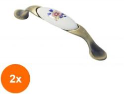 Ideal Feroluc Set 2 x Maner Ceramica Model W0520/701B, 96 mm, Finisaj Antic Auriu/Flori Albastre (EDI-2xIFR-14771)