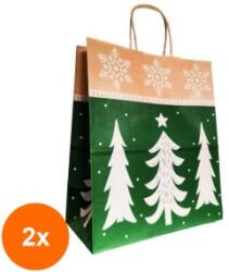 Bisbags Set 2 x 100 Pungi din Hartie cu Manere, Model Brazi, 32 x 17 x 34.5 cm (SIB-2xBBG-PK2806)