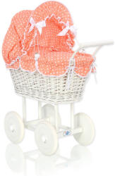  Magas, fonott babakocsi barackszínű ágyneművel és béléssel - fehér