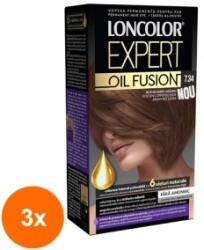 LONCOLOR Set 3 x Vopsea de Par Permanenta Loncolor Expert Oil Fusion, 7.34 Blond Auriu Aramiu, 100 ml