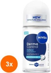 Nivea Set 3 x Antiperspirant Roll-On Femei, Nivea Derma Control Defend, 72 h, 50 ml
