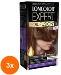 LONCOLOR Set 3 x Vopsea de Par Permanenta Loncolor Expert Oil Fusion, 7.8 Blond Bej, 100 ml