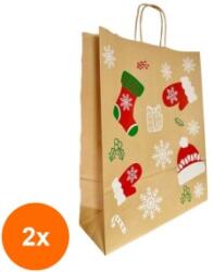 Bisbags Set 2 x 100 Pungi din Hartie cu Manere, Natur, Model Craciun, 32 x 12 x 41 cm (SIB-2xBBG-PK2835)