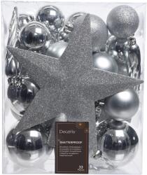 Decoris fenyőfadísz 32 db vegyes gömbdísz és készlet, Átmérő: 5-8 cm, Műanyag, Különböző felületek, Ezüst