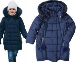  Téli kabát, sötétkék, szőrmés, pomponos, Size 110 (G734B)