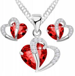 Larezo Nyaklánc és Fülbevaló Szett Ezüst Csavarok Piros Kristály Szívek Love (srebrne sztyfty wiszące wkrętki damskie kulki)