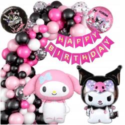 brokatove Kuromi szülinapi lufi szett, 125 elem, Happy Birthday, fólia lufik