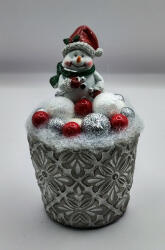 Beauty Nails Hóember - ezüst-fehér-piros gömbökkel - karácsonyi asztaldísz - kis kőkaspóban - 2