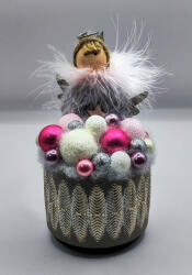 Beauty Nails Tollas angyalka - pink gömbökkel - karácsonyi asztaldísz - kis szürke kőkaspóban - 3