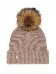 OCHNIK Női sapka, bézs, gyapjú, természetes szőrmés pompon, univerzális (CZADT-0052-81(Z23))