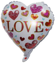 Mezőfi Team Kft Fólia lufi, szív, Love , fehér, színes szívecskék, 40 cm