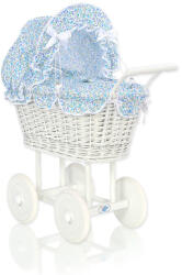  Magas, fonott babakocsi kék ágyneművel és béléssel - fehér