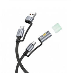 hoco. U138 USB-C/USB-A to USB-C/LED fény adatkábel, töltőkábel, fekete (60W, 3A, 1.2m)