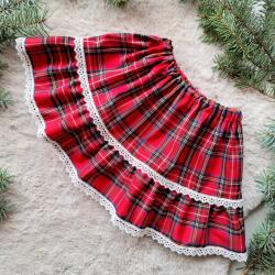  Piros kockás kislány szoknya, 98-as, fodros, csipkés, 70% viszkóz, 30% poliészter