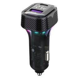 Autolife Szivargyújtós gyorstöltő 45W - PD Type-C + USB, RGB világítással és beépített voltmérővel (13382)