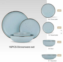  Set de masa din ceramica, 16 piese, 2 farfurii + 2 boluri, Bleu Serviciu de masa