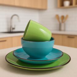 Set vesela 16 piese pentru 4 persoane, Ceramica, design modern, culoare Verde, Bleu Serviciu de masa
