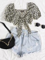 Shein DC51315 Shein Kötött Crop Top Virágmintás Kontraszt (41) Xs