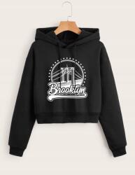 Shein KC17210 Shein Fekete Rövid Pulóver Kapucnival, Bordás Kötéssel, Fehér Nyomattal (41) L