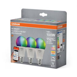 OSRAM 3 Becuri LED RGB inteligente SMART+ Matter over WiFi Classic Multicolour A , E27, 14W (100W), 1521 lm, lumina alba si color (2700-6500K) (000004099854529825)