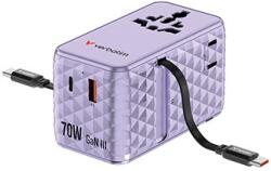 Verbatim 30188, Универсален адаптер за пътуване Charge , n, Travel 1x USB-C, 1X USB-A + 2x интегриран кабел USB-C, лилав 70 W (30188)