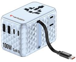 Verbatim 30192, Универсален адаптер за пътуване Charge , n, Travel 2x USB-C, 2X USB-A + 1x интегриран кабел USB-C, син 100 W (30192)