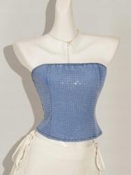 Shein Kék Farmer Felső Strasszokkal (s)