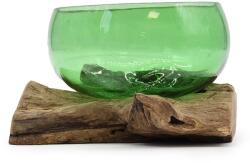  Különleges kerek formájú újrahasznosított üveg tál fa talapzaton 17x11x20cm