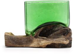  Különleges szögletes formájú újrahasznosított üveg tál fa talapzaton 14x14x10cm