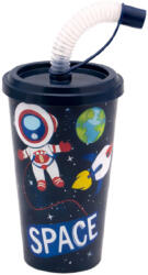  Pohár Műanyag Tetővel és Szívószállal 400ml - Kék Űrhajós