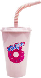  Pohár Műanyag Tetővel és Szívószállal 450ml - Rózsaszín Fánk