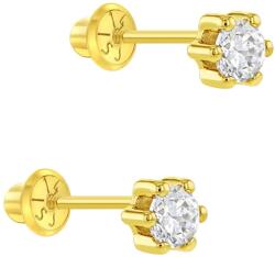 Bebe Gold Cercei din Aur 14K pentru Copii, model Clasic cu Piatra CZ Transparenta 4 mm montata in 6 Gherute, inchidere cu Filet si Protectie