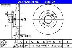 ATE Disc Frana 24.0120-0125.1 Nissan Kubistar Renault 11/19 I/19 I Chamade/19 Ii/21