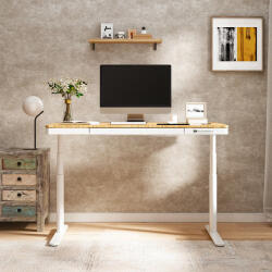 FlexiSpot Comhar Pro All-in-One elektromos állítható íróasztal fiókkal, fehér-bambusz lap, 140x70cm, dupla motor, vezeték (Q8W)