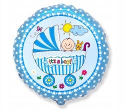 Flexmetal Fólia lufi, kerek, babakocsi mintával, "It's a boy" felirattal, kék, 45 cm