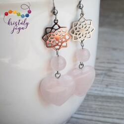 Kristály Jóga Shop Rózsakvarc szív ásvány fülbevaló, lótusszal