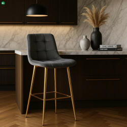  Szürke Bársony Bárszék Aranyszínű Lábbal. ARIEL (ME.ARIEL/P/ZL/V/H)