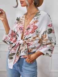 Shein Fehér Ing Virágmintás Kötött Ujjú 7/8 Mély Nyakkivágással Shein 34
