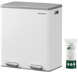 SONGMICS Szemetes, 15 szemeteszsákkal, 2 rekesszel, műanyag belső vödrökkel és csukható fedelekkel, légmentesen záródó, fehér/ szürke (LTB60WT)