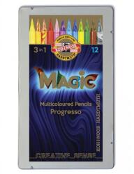 KOH-I-NOOR Creioane colorate multicolor fara lemn Koh-I-Noor Magic 3 in 1 Progresso, 12 buc. /set, cutie metal (K8772-12)