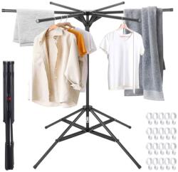 SIKS függőleges ruhaszárító, esernyőszerű, összecsukható, mobil, vállfatartó, 6 kar, 360°-os szárítás, állítható magasság 150 cm-ig, fekete (RUF01) Ruhaszárító