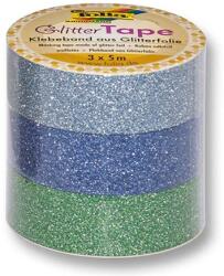 FOLIA Dekorációs ragasztószalag 3db 15mm x 5m glitteres ragasztószalag, csillogó ezüst, kék, zöld WASHI TAPE (F28303)