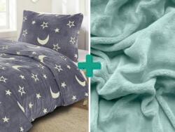  BIG MOON szürke világító mikroplüss ágynemű + SOFT mentol mikroplüss 90x200 cm