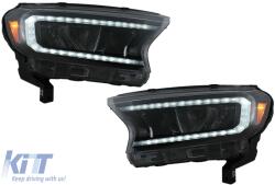KITT Első lámpa LED fénysor Ford Ranger (2015-2020) balkormányos modellekhez, Teljes Fekete, dinamikus irányjelző (HLFRNGT6)