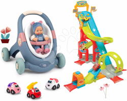 Smoby Set premergător didactic și cărucior și pistă de mașini Baby Walker 3în1 + Baby Doll Little Smoby cu păpușă de 30 cm și mașinuțe (SM140308-10)