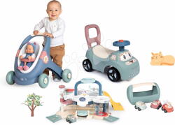 Smoby Set premergător didactic și cărucior cu păpușă Baby Walker 3în1 + Baby Doll Little Smoby cu babytaxiu și garaj și mașinuțe (SM140308-12)